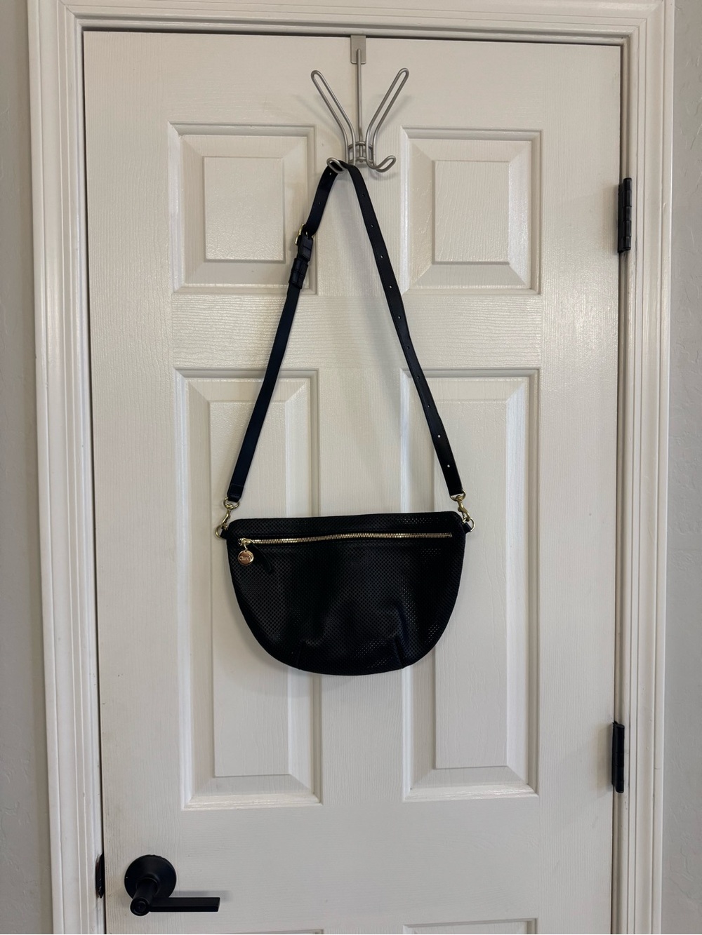 Clare V Grande Fanny Black Perforated Leather Belt Bag with Gold Hardware